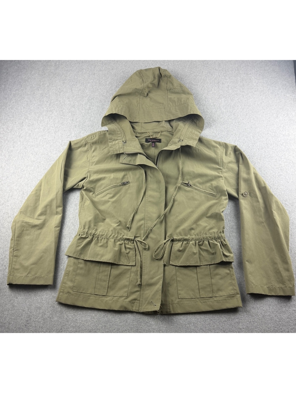 Victoria's Secret M Olive Green Utility Jacket Hooded Ruffle Cargo Military